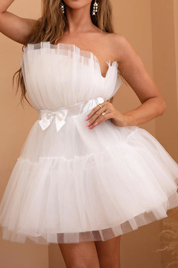 Tulle Strapless White Short Cocktail Dress